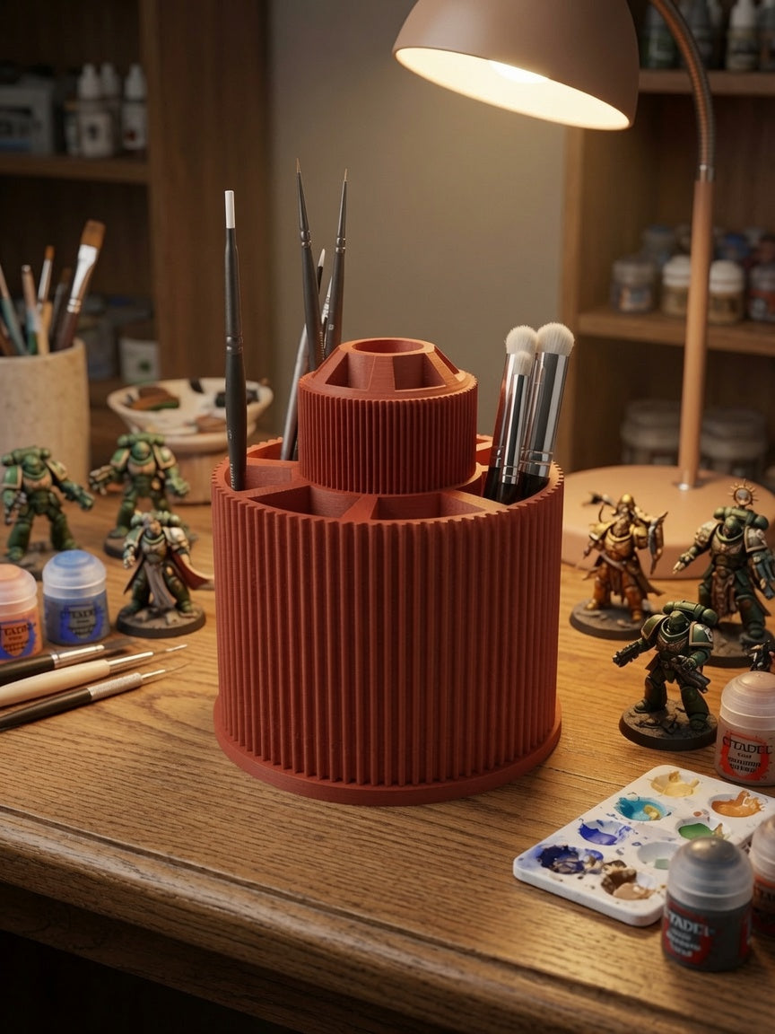 Rotating brush carousel in terracotta on a Warhammer painting desk with Citadel paints and miniatures