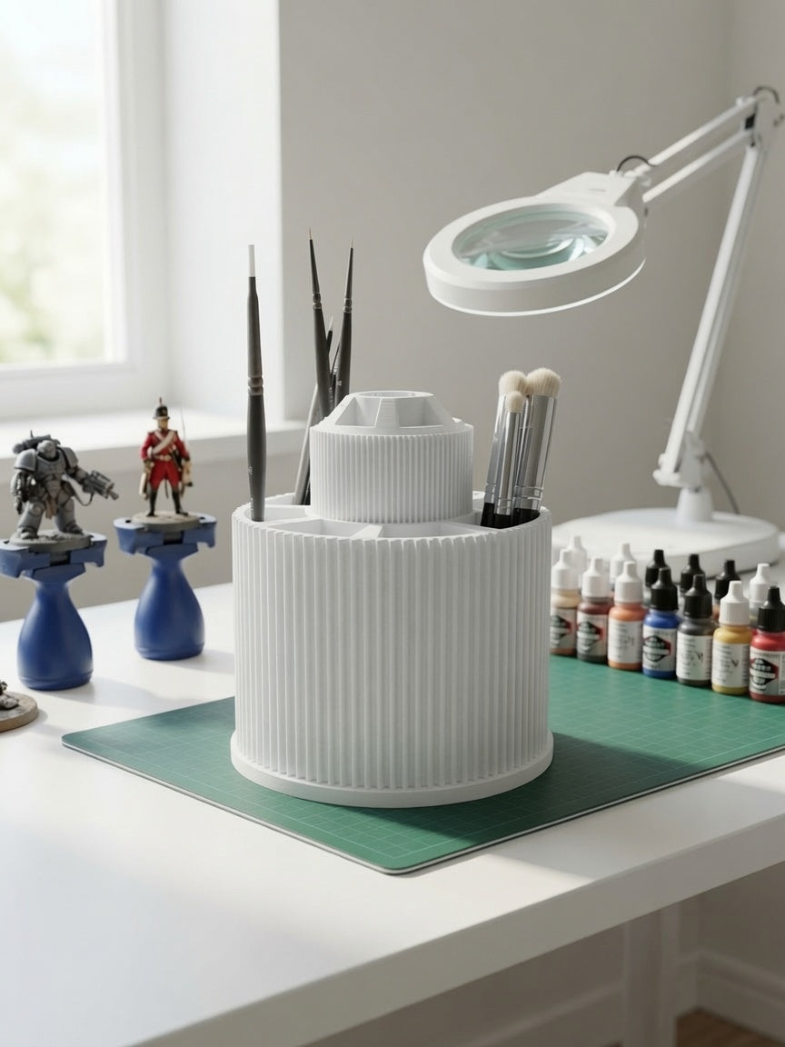 White brush carousel on a bright hobby desk with cutting mat and magnifier lamp