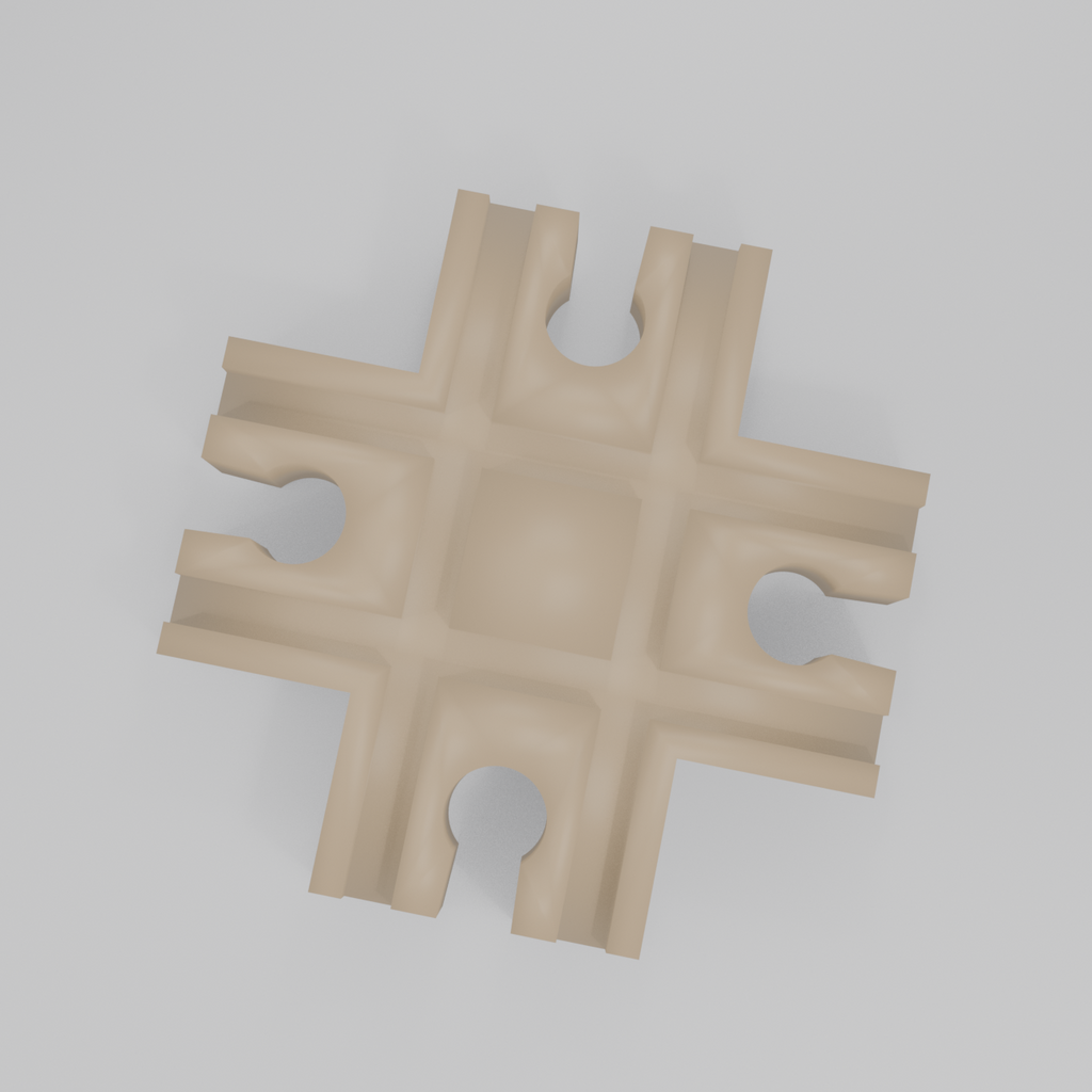 Top view of the 4-way train track crossing with grooves intersecting at 90 degrees