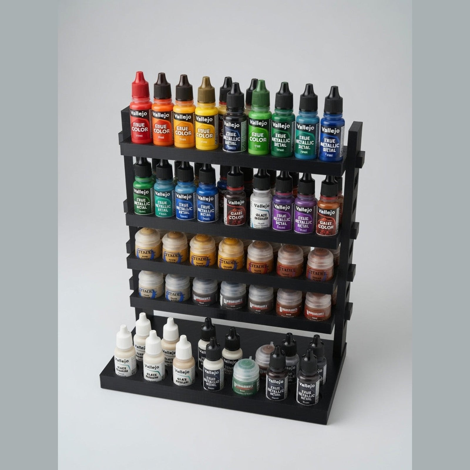 Black paint rack gallery ladder fully loaded with Vallejo dropper bottles and Citadel pots — 2 Vallejo + 2 Citadel shelf setup (square hero)