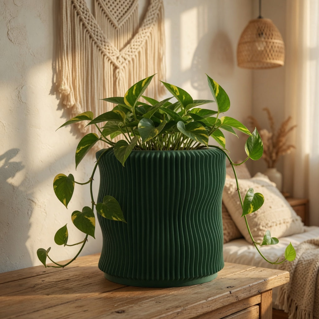 Soft Organic fluted desk planter showing the floating look above its hidden tray