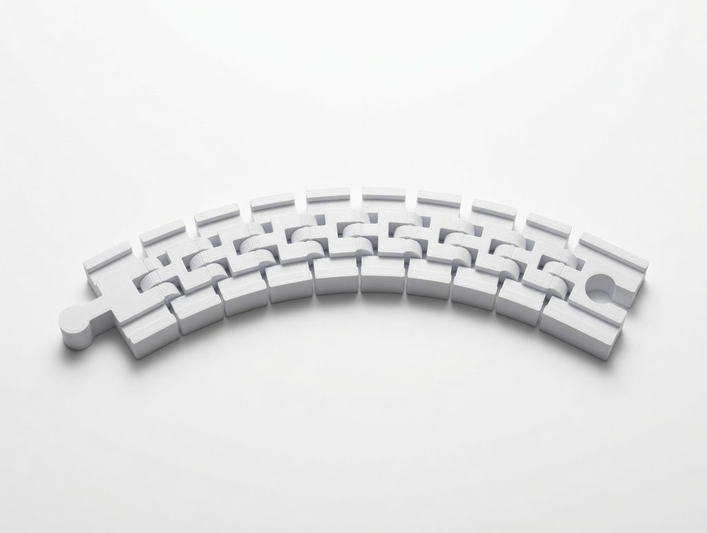 Flexible train track curving up over an obstacle to form a ramp