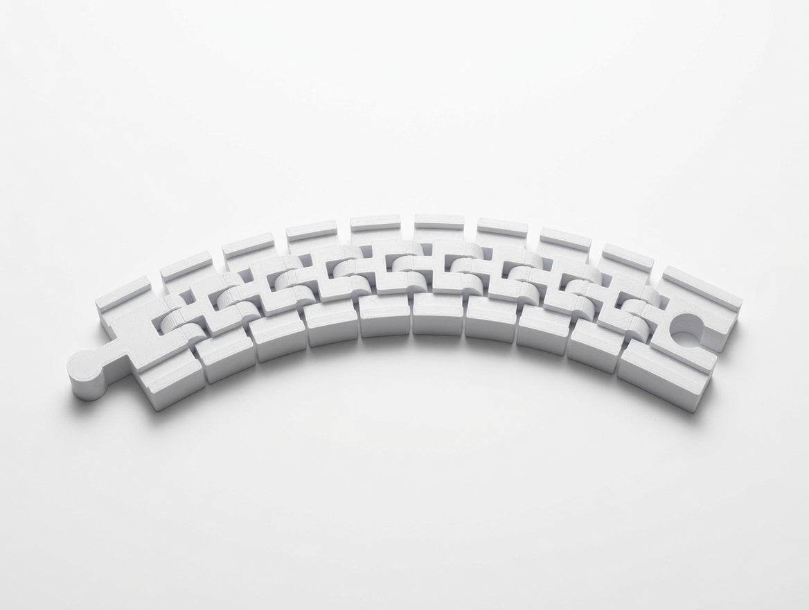 Flexible train track curving up over an obstacle to form a ramp