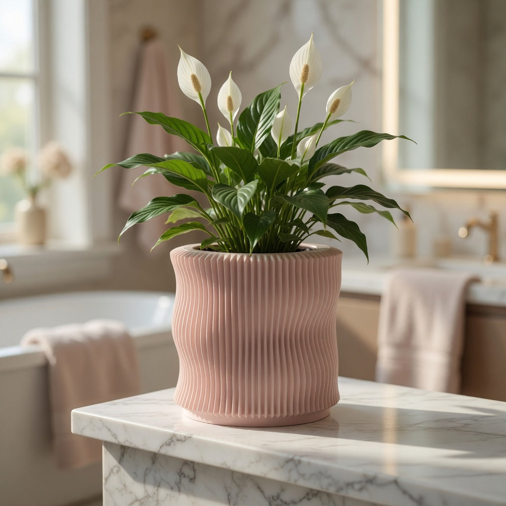 Soft Organic fluted planter styled on a modern desk with a houseplant