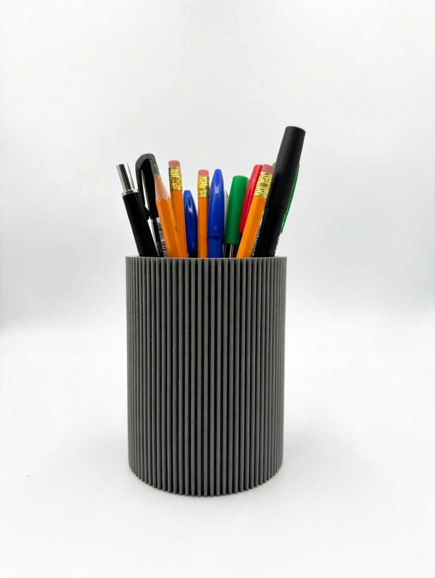 Round fluted pencil holder in a home office setting
