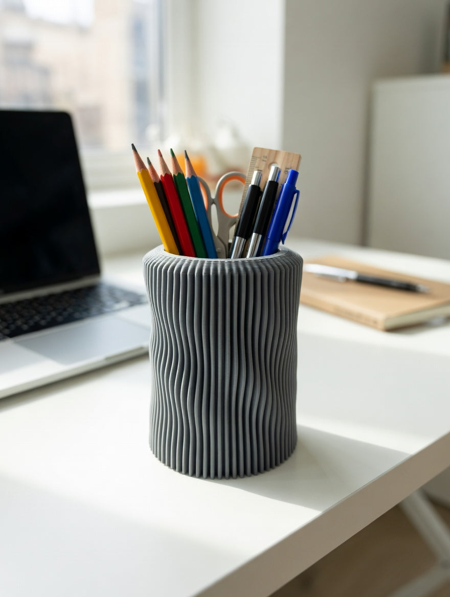 Soft organic fluted pencil holder displayed as a decorative accent piece