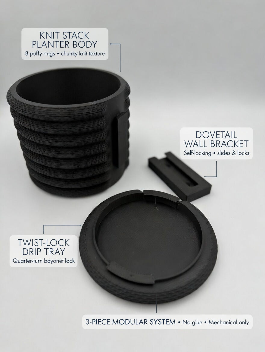 Knit Stack Wall Planter with Drip Tray | Chunky Knit Texture | Dovetail Wall Mount | 3D Printed Indoor Planter | 3 Sizes