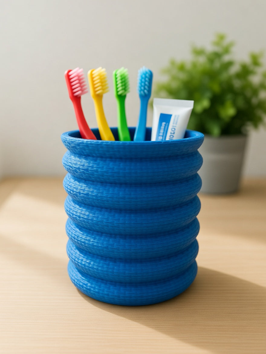 Blue Knit Stack pencil holder on a wooden desk in natural light