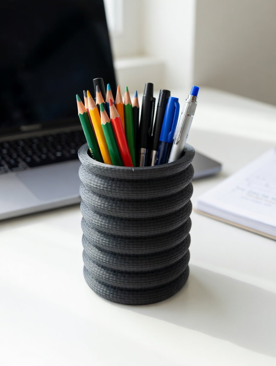 Charcoal grey Knit Stack pencil holder with pens on a desk beside a laptop