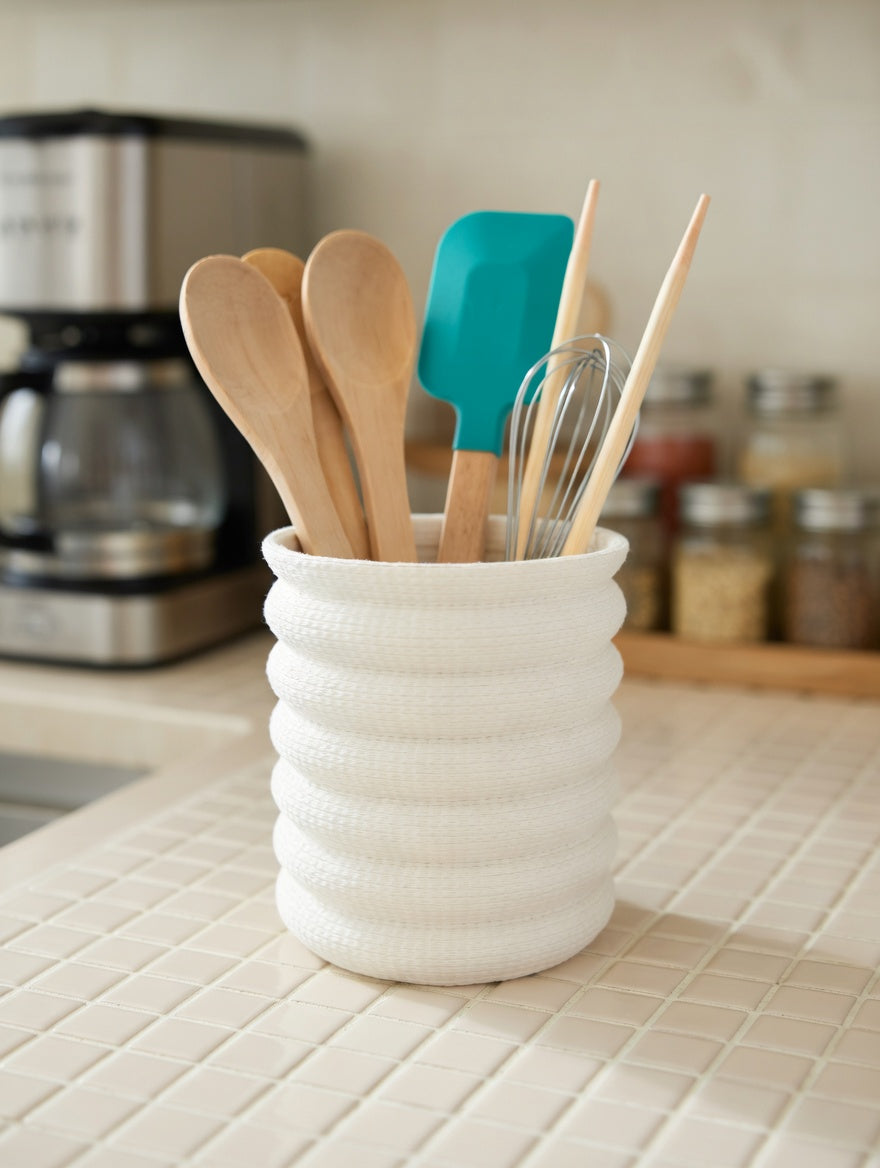 Cream ivory Knit Stack pencil holder on a kitchen countertop