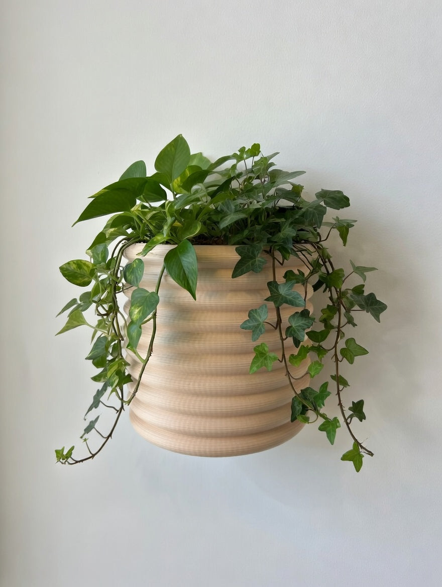 Black Knit Stack wall planter with plant, studio shot