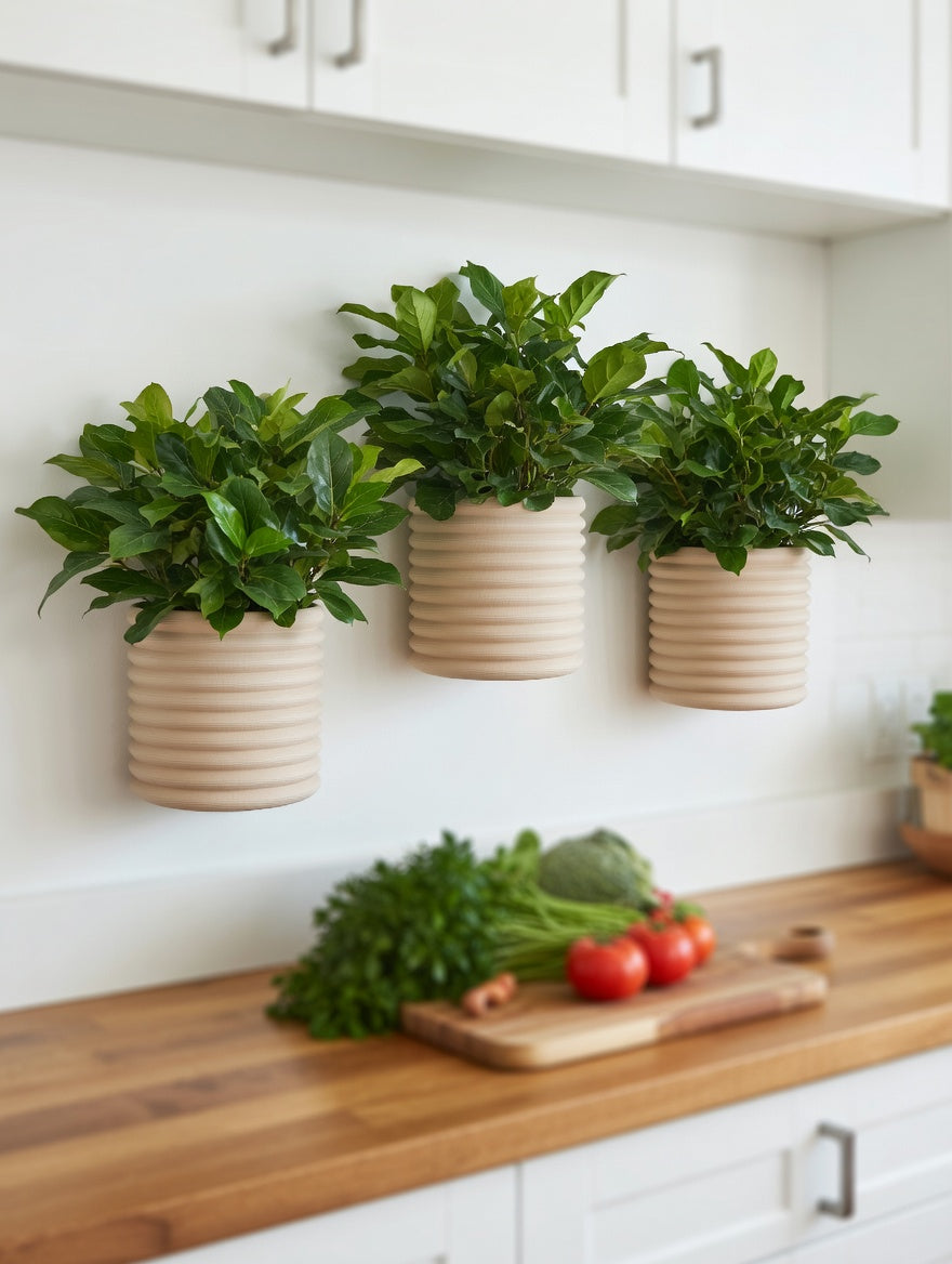 Knit Stack planter styled in a warm wooden kitchen