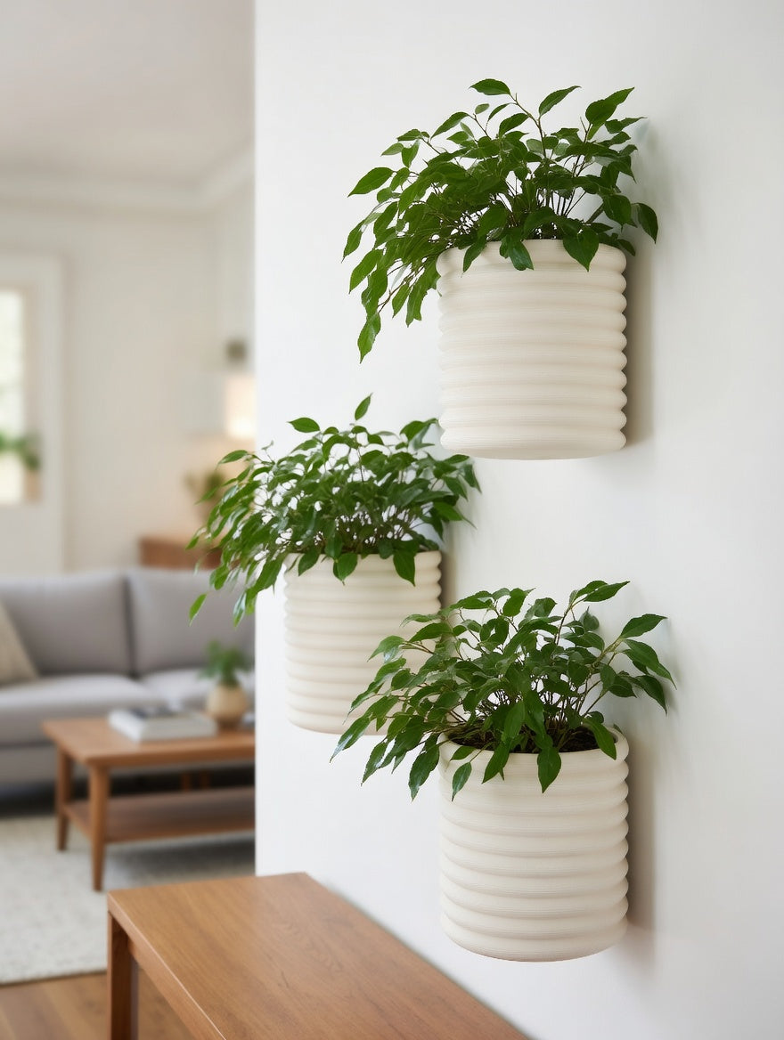 Knit Stack wall planter in a bright white interior living space