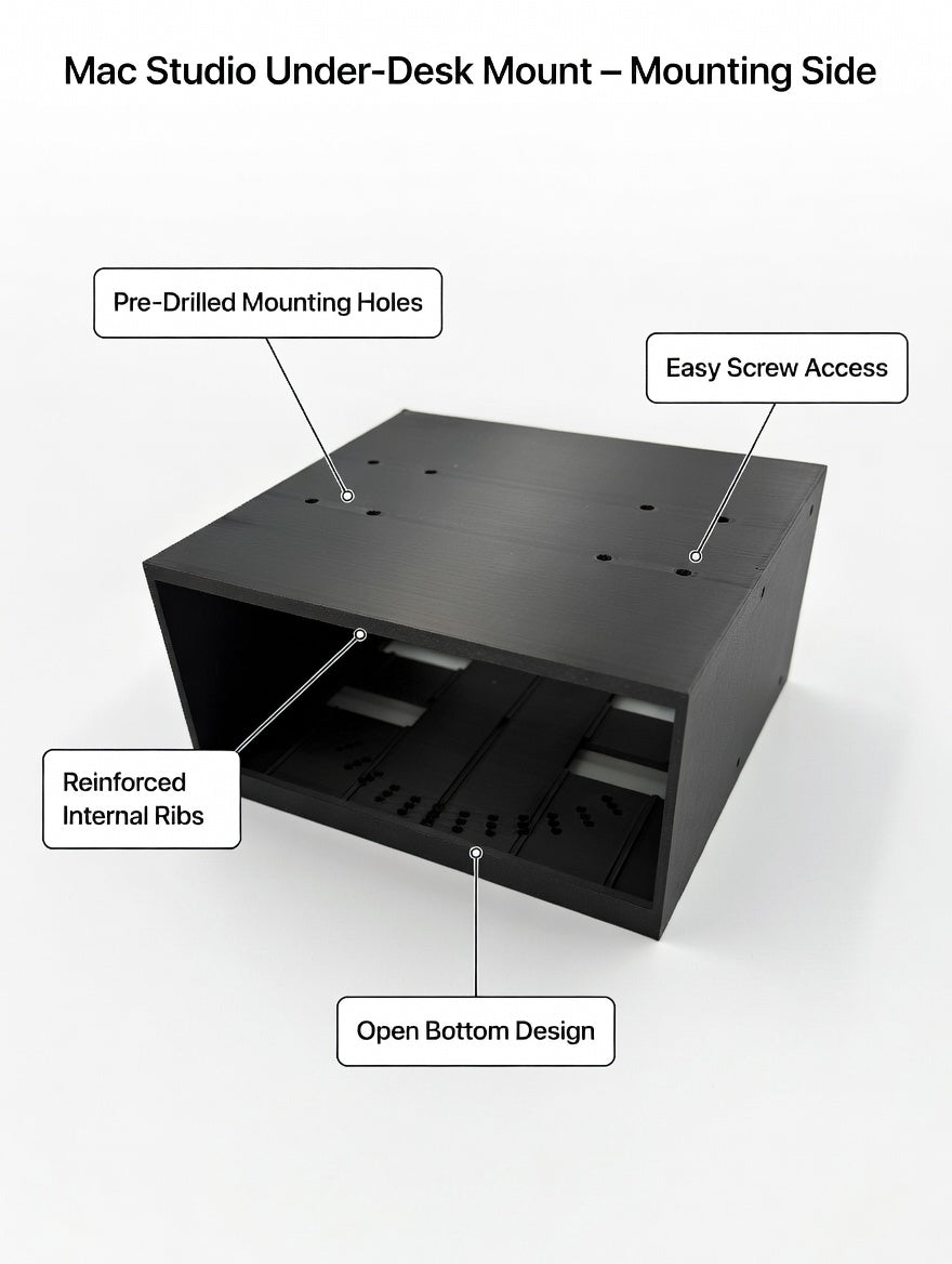 Labelled mounting side view showing the M5 bolt holes for the Magnus Pro desk