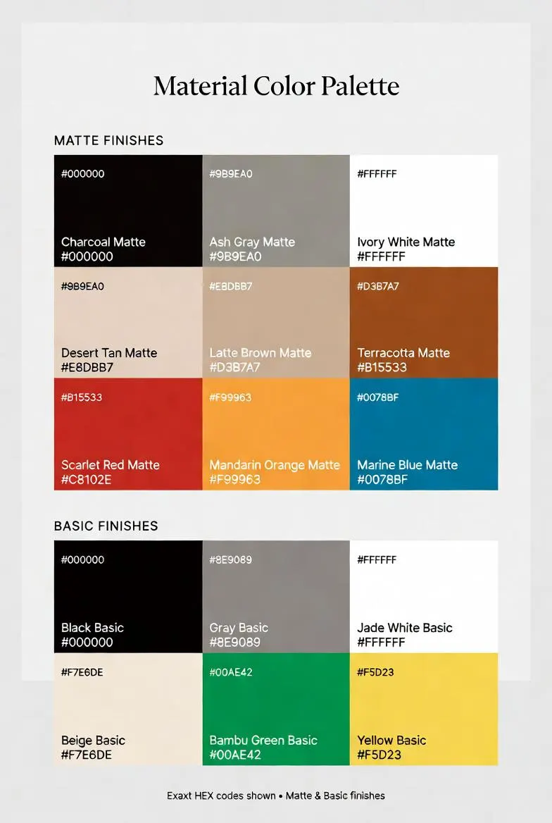 Formada3D material colour palette: 9 matte and 6 basic PLA finishes with hex codes