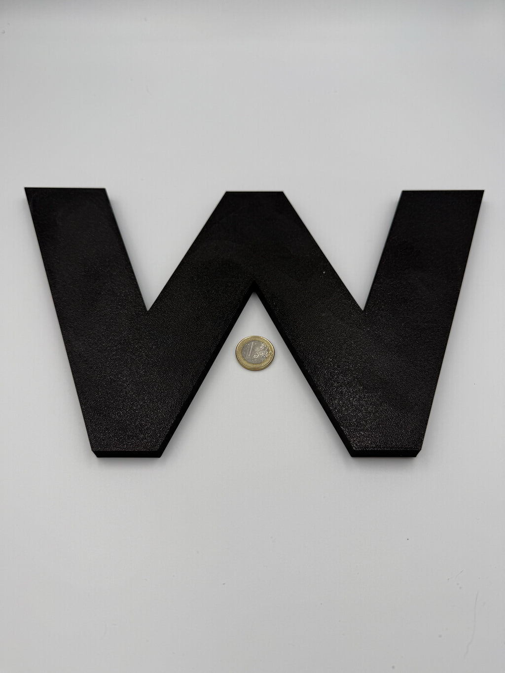 Extra large 3D printed letter W with a coin for scale