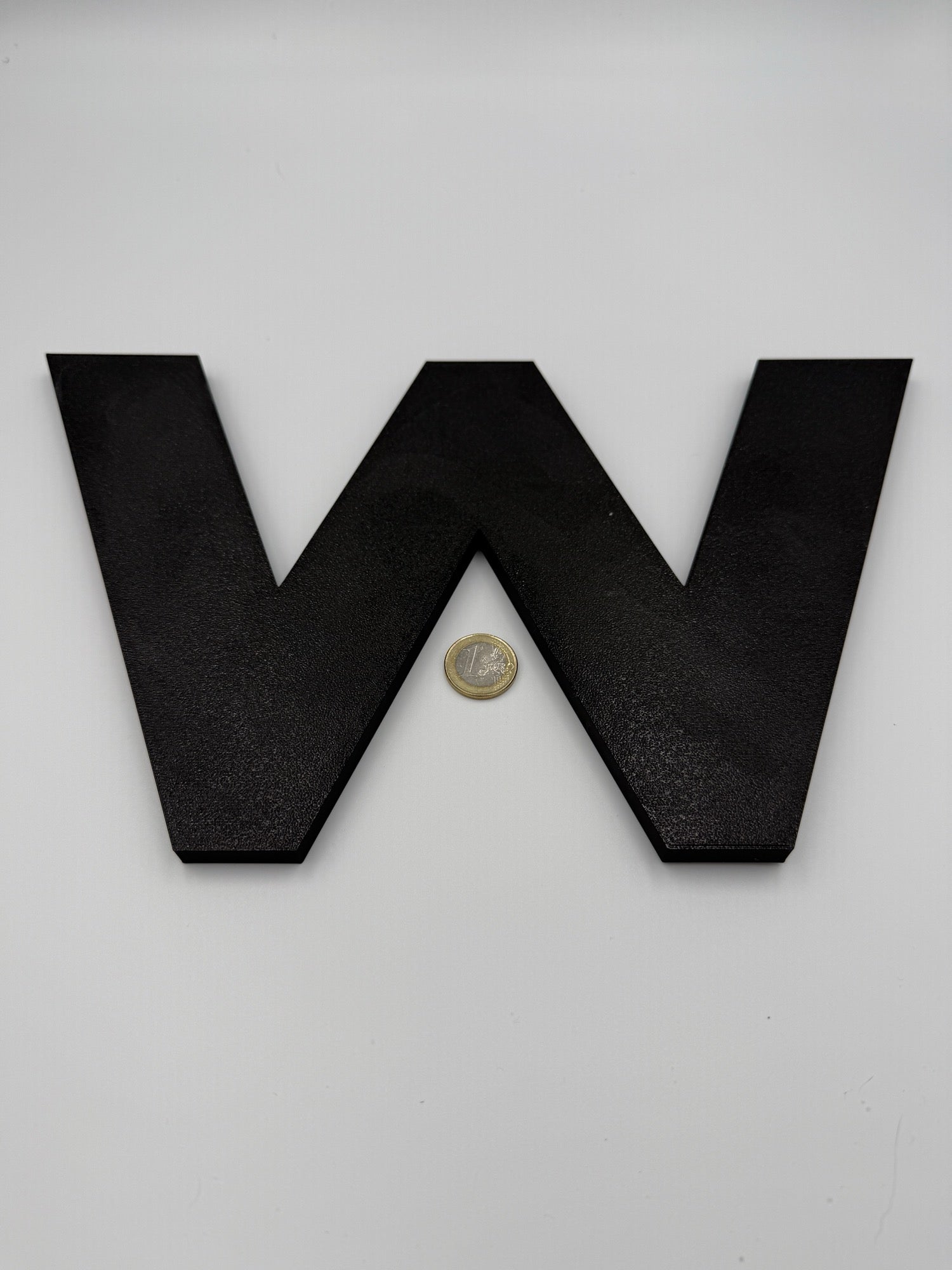 Extra large 3D printed letter W with a coin for scale