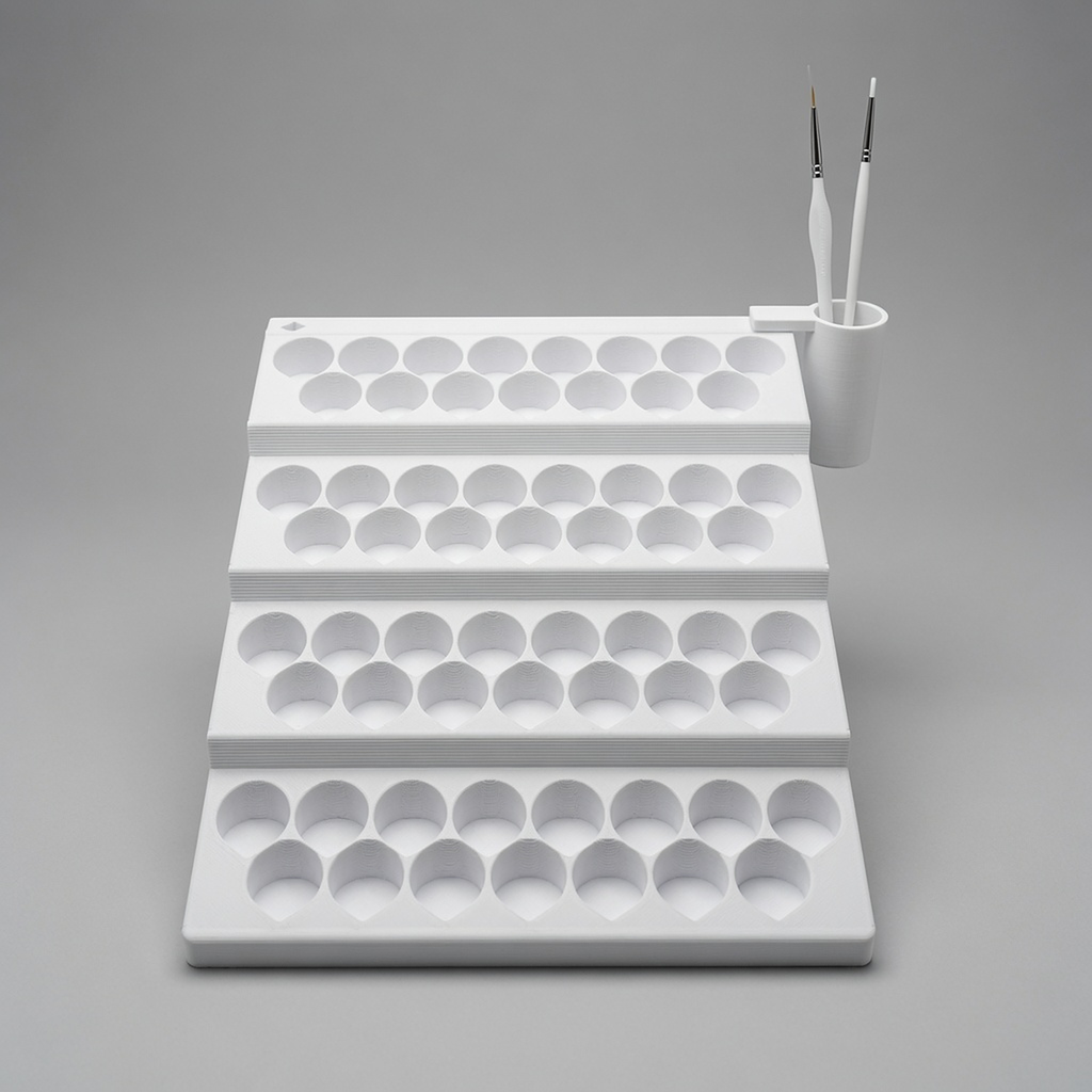 Brush holder on the 60-bottle paint rack, full view