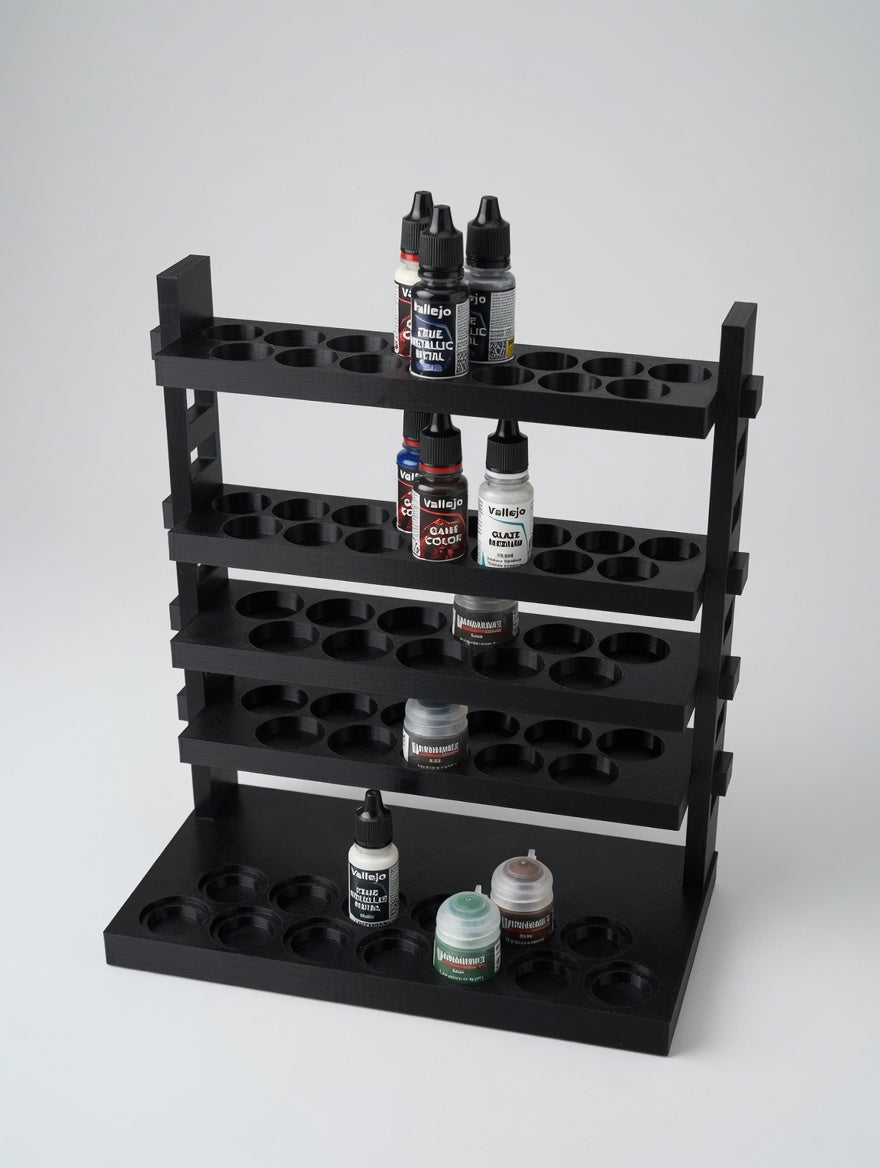 Gallery ladder paint rack angle view with modular shelves loaded with hobby paints