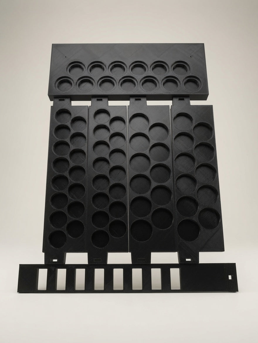 Flat-pack kit layout: base plinth, shelves and 320mm ladder rail