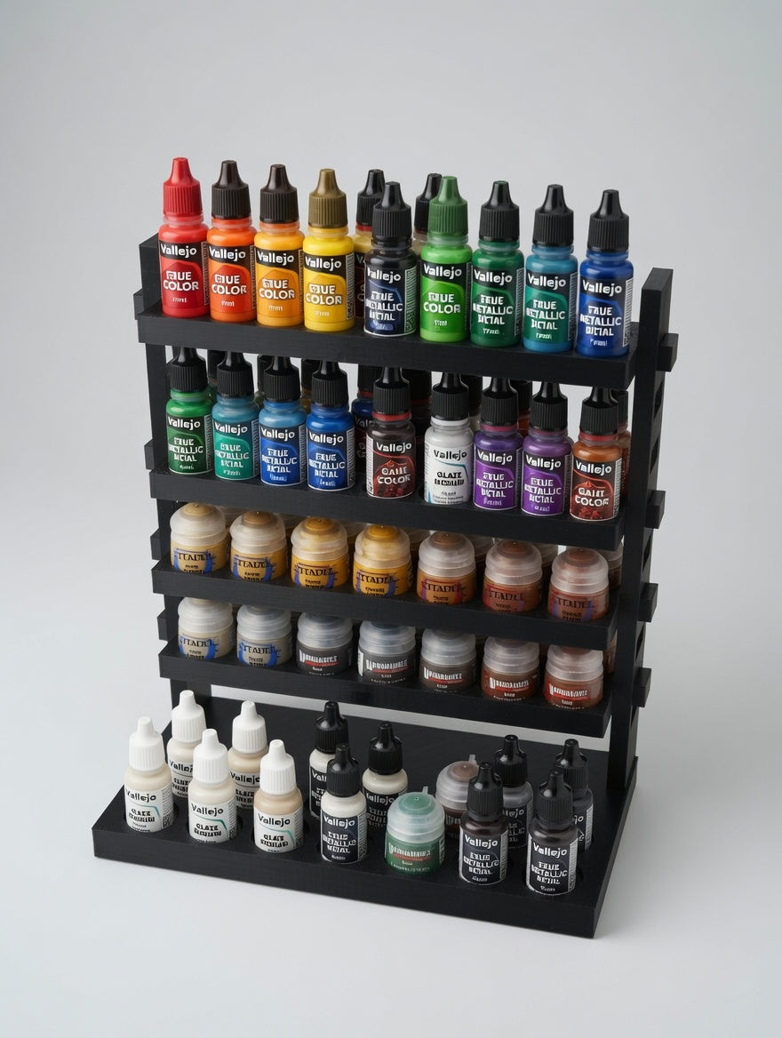 Black paint rack gallery ladder fully loaded with Vallejo dropper bottles and Citadel pots — 2 Vallejo + 2 Citadel shelf setup