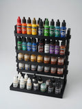 Black paint rack gallery ladder fully loaded with Vallejo dropper bottles and Citadel pots — 2 Vallejo + 2 Citadel shelf setup