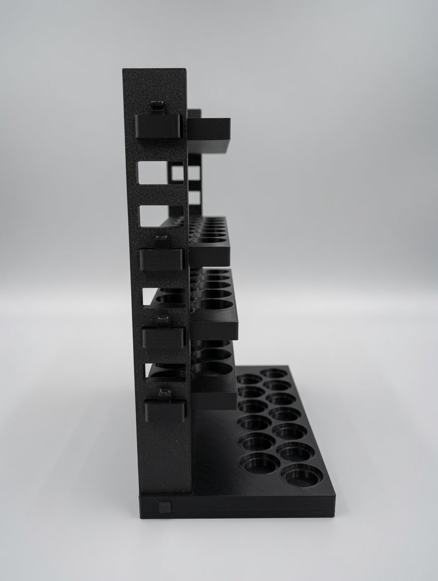 Side profile of the gallery ladder showing the rail, rungs and wedge locks