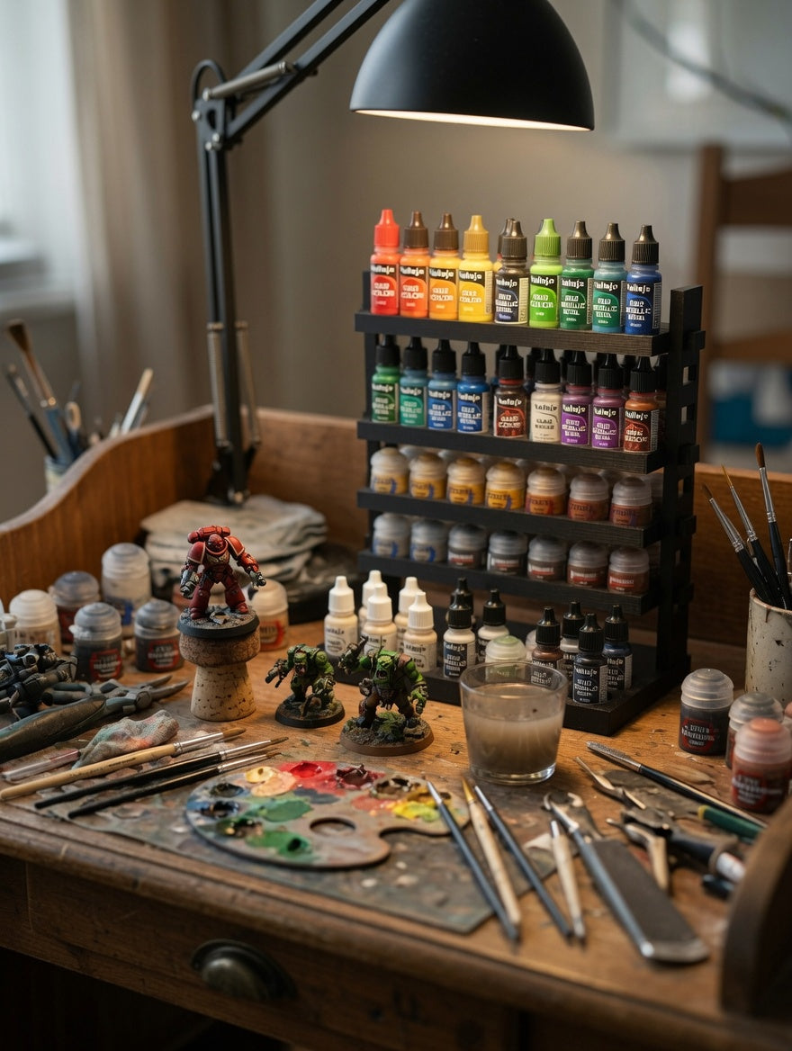 Gallery ladder paint rack on a hobby painting desk with Warhammer miniatures, brushes and paints