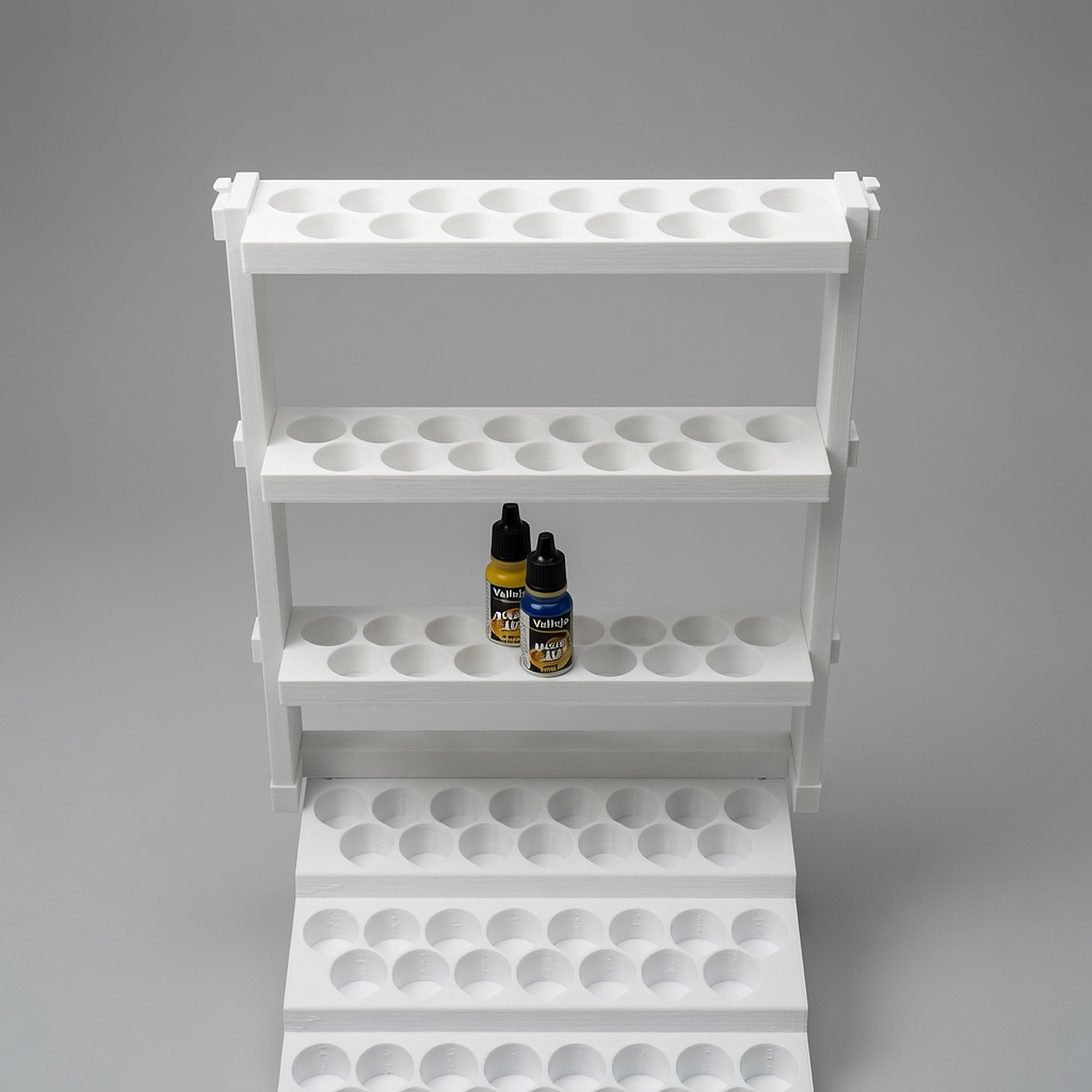 Combo: riser display stand mounted on 60-bottle paint rack with dropper bottles — Formada3D