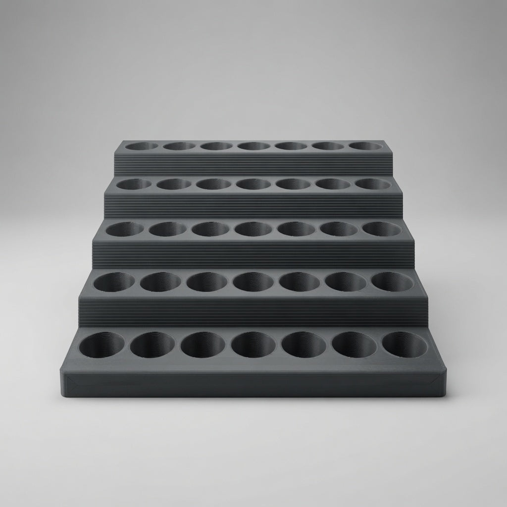 High-angle view of all 35 recessed bottle wells