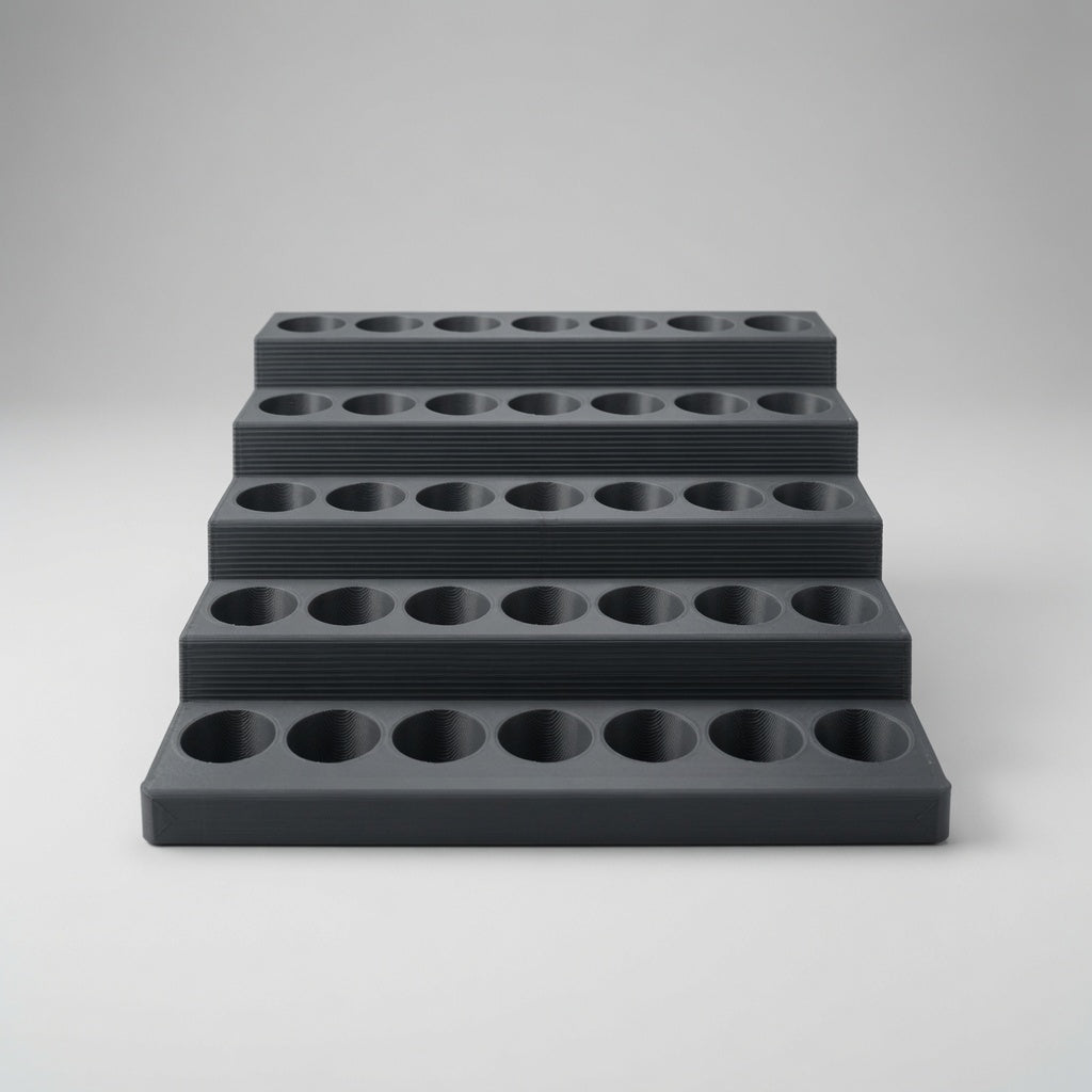 Low-angle front view of five-level paint rack
