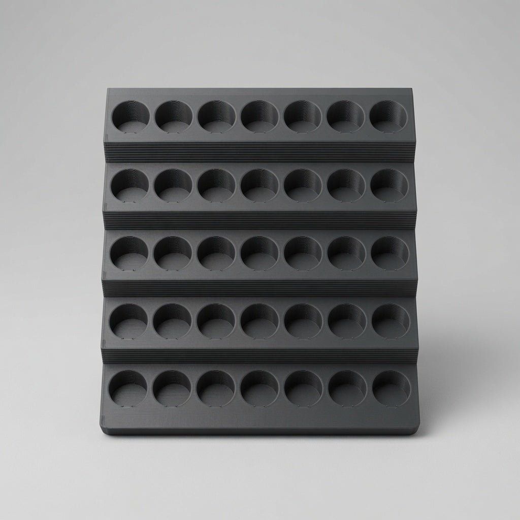Front view of empty 35-bottle paint rack, five stepped levels