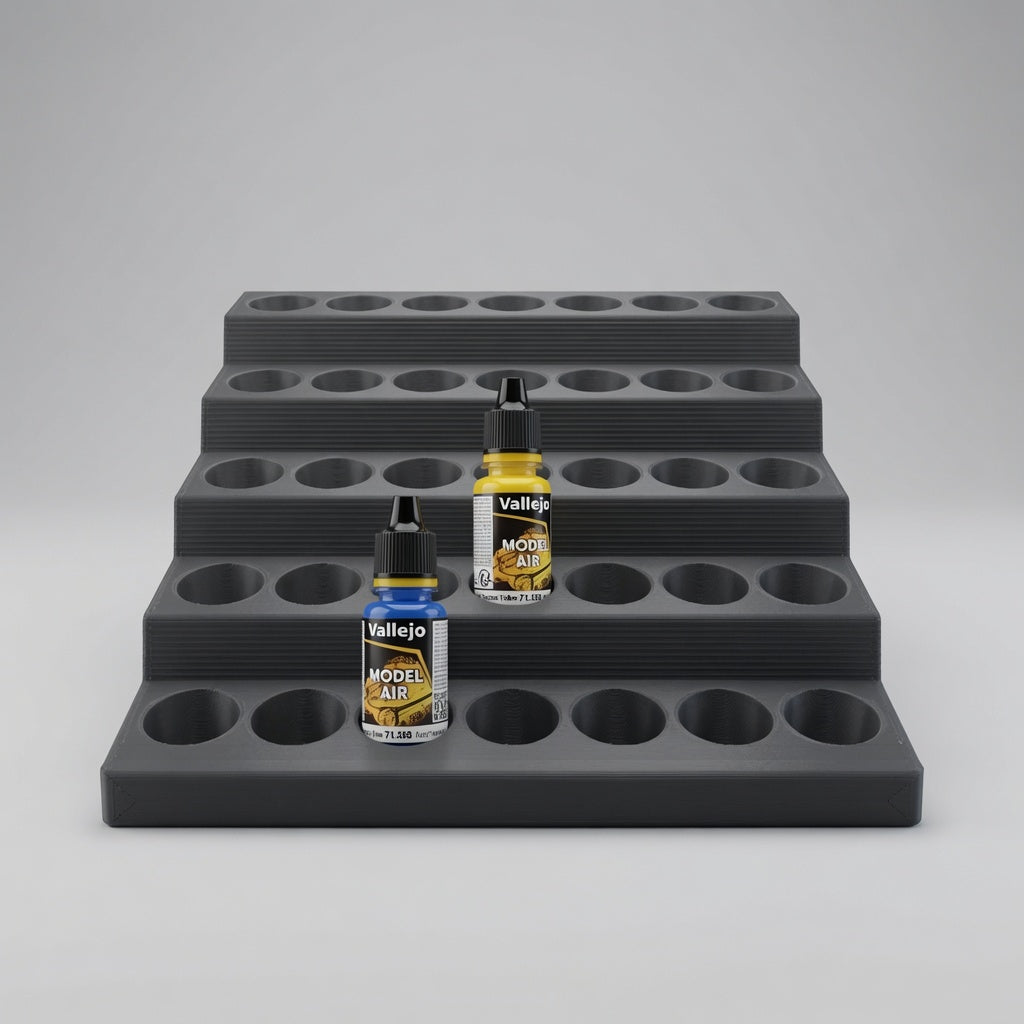 Front view of 5-level paint rack with two Vallejo dropper bottles