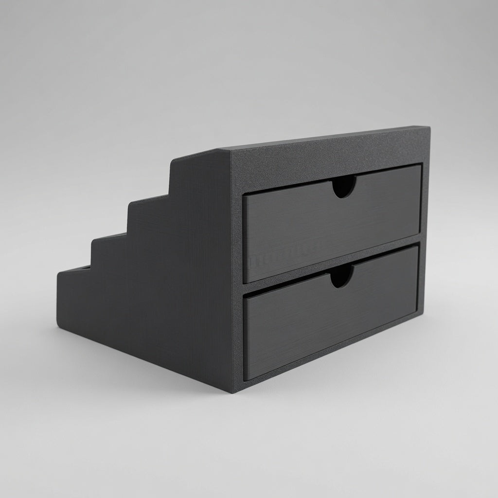 Rear three-quarter view showing staircase profile and drawers