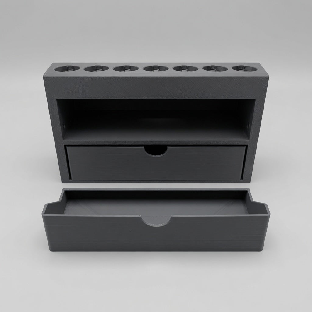 Rear view of paint rack with slim upper drawer removed