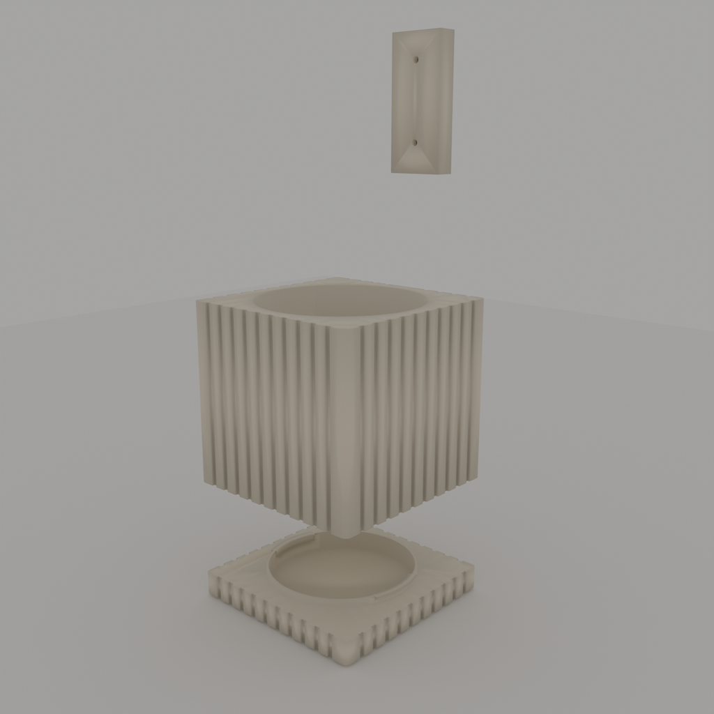 Exploded view of the 3-piece square wall planter system: planter box, drip tray and dovetail bracket