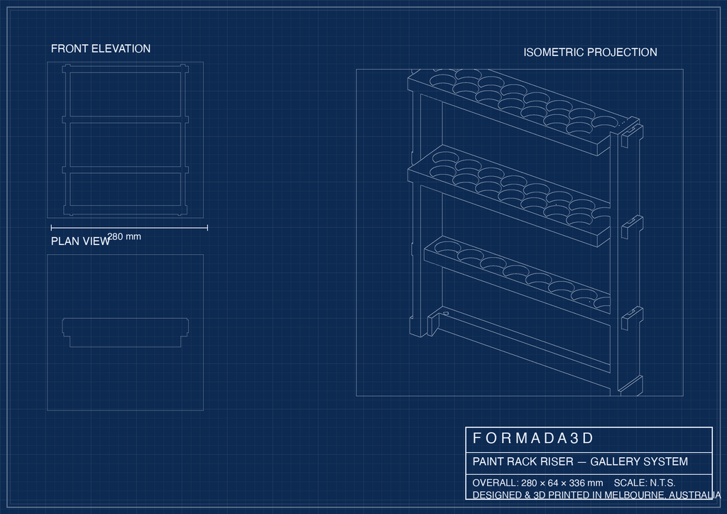 Paint rack riser gallery system — technical blueprint drawing, Formada3D