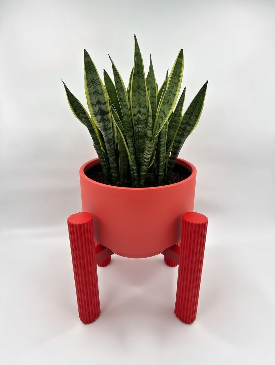 Red round fluted stand elevating a snake plant, front view