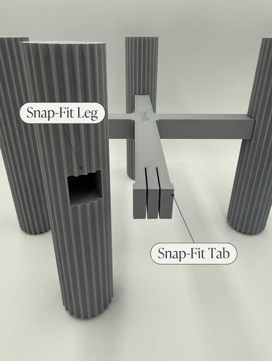 Annotated detail of the snap-fit assembly, no tools required