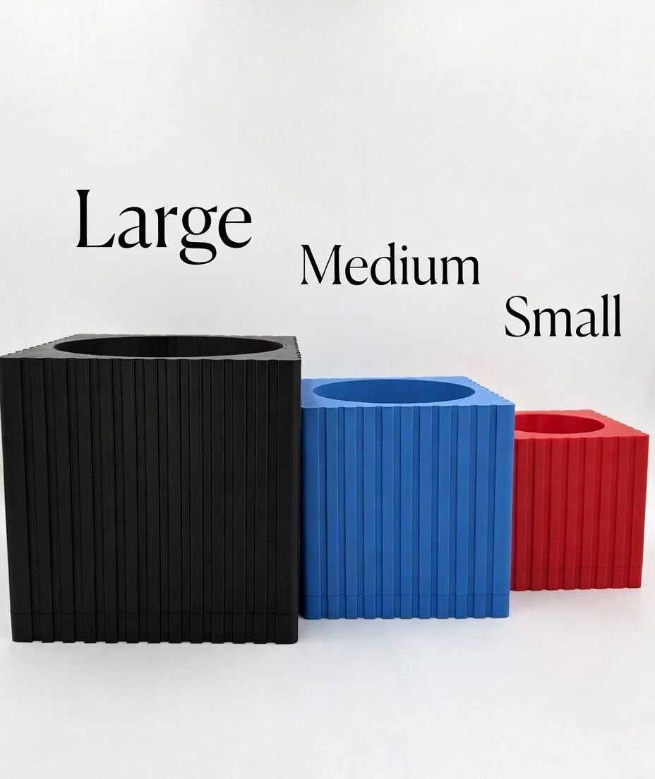 Square fluted wall planter in three sizes, front view with size labels