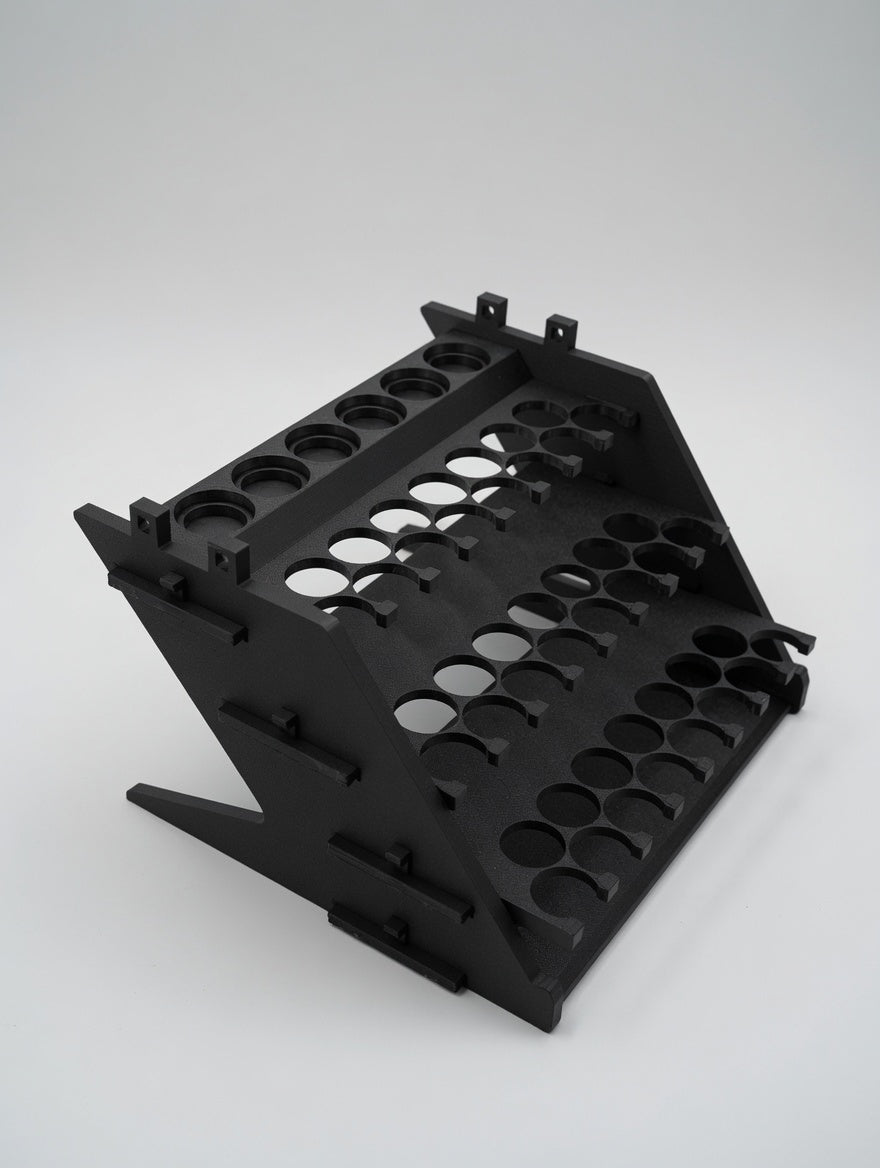 Formada3D Straight Tower flat-pack paint rack kit, matte black, studio angled view left