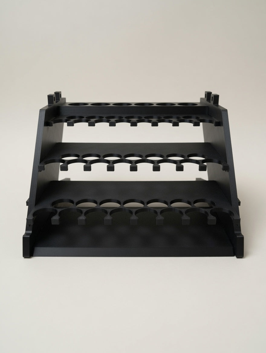 Formada3D Straight Tower flat-pack paint rack kit, matte black, studio angled view right