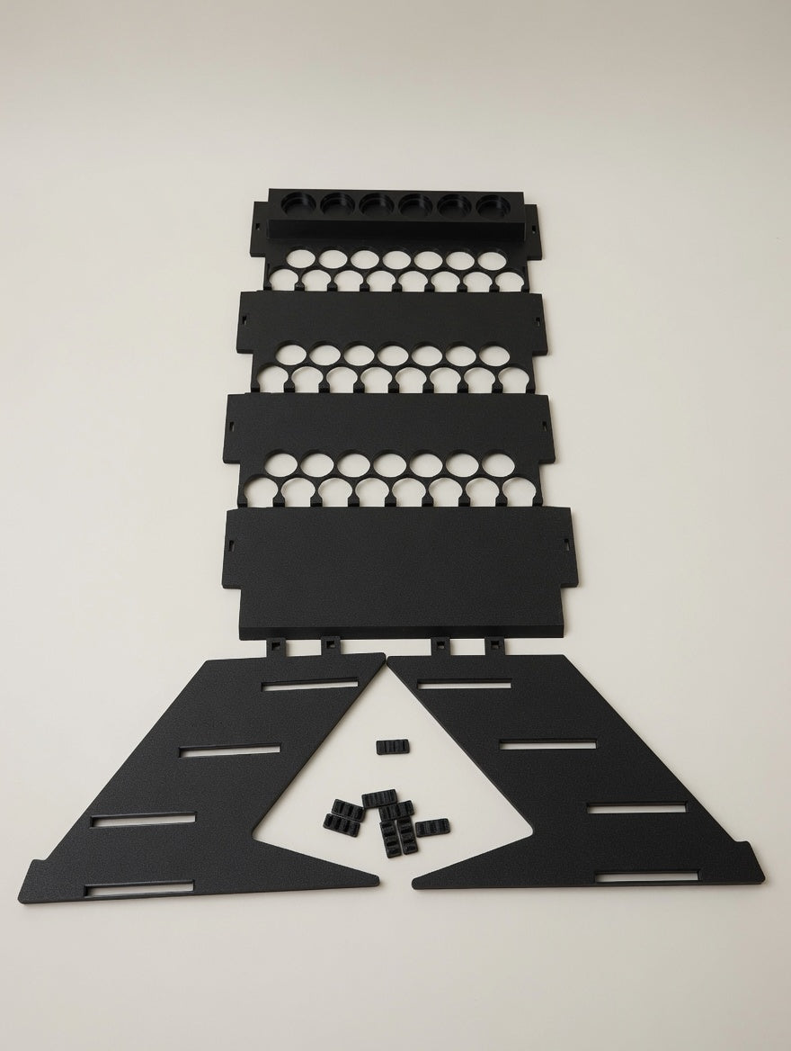 Formada3D Straight Tower flat-pack paint rack kit, matte black, studio shelf level detail
