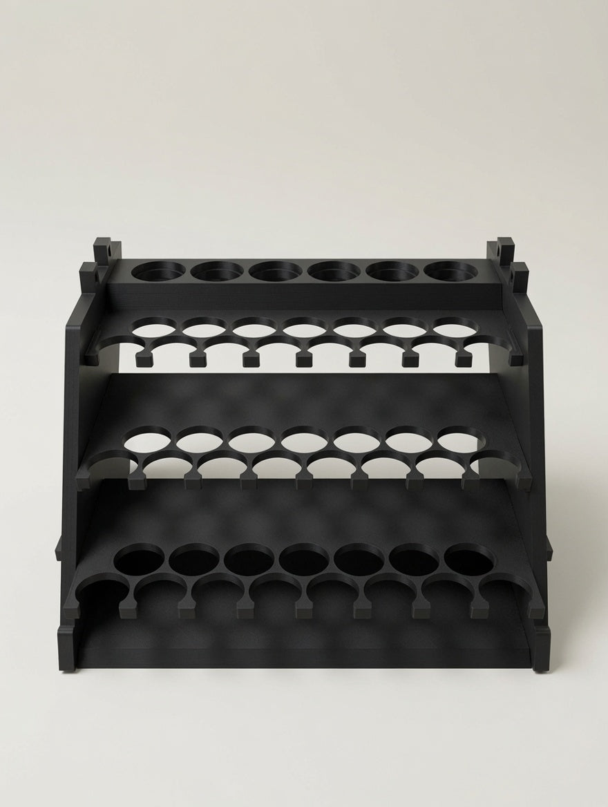 Formada3D Straight Tower flat-pack paint rack kit, matte black, studio flat-pack parts laid out