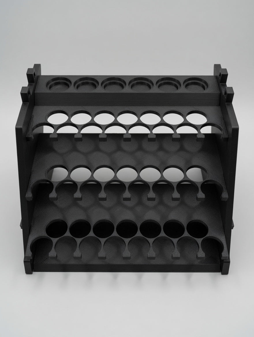 Formada3D Straight Tower flat-pack paint rack kit, matte black, studio side profile with anti-tip feet
