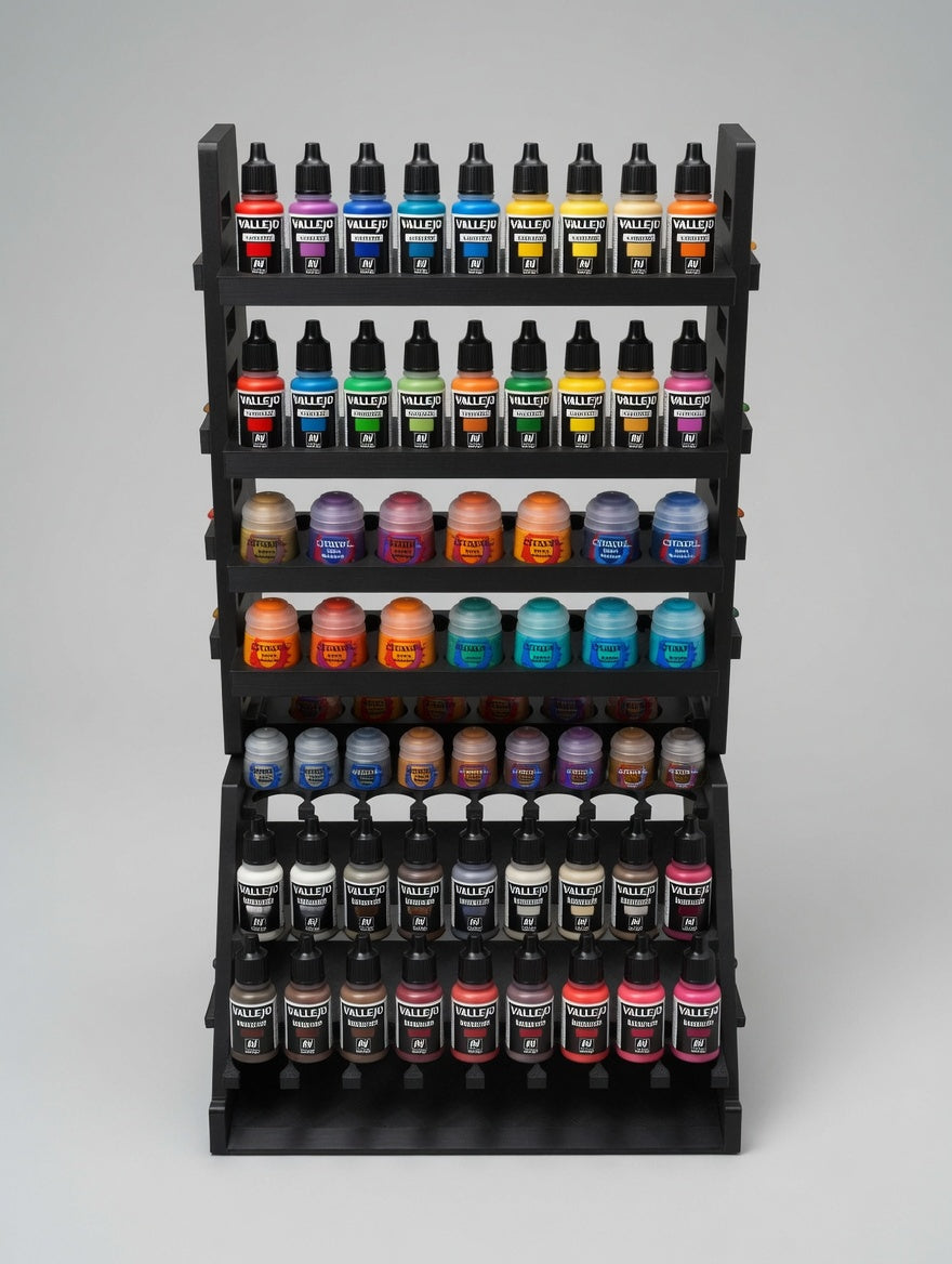 Paint Rack Tower + Riser Gallery | Flat-Pack Kit | up to 106 Paints, Desk Display