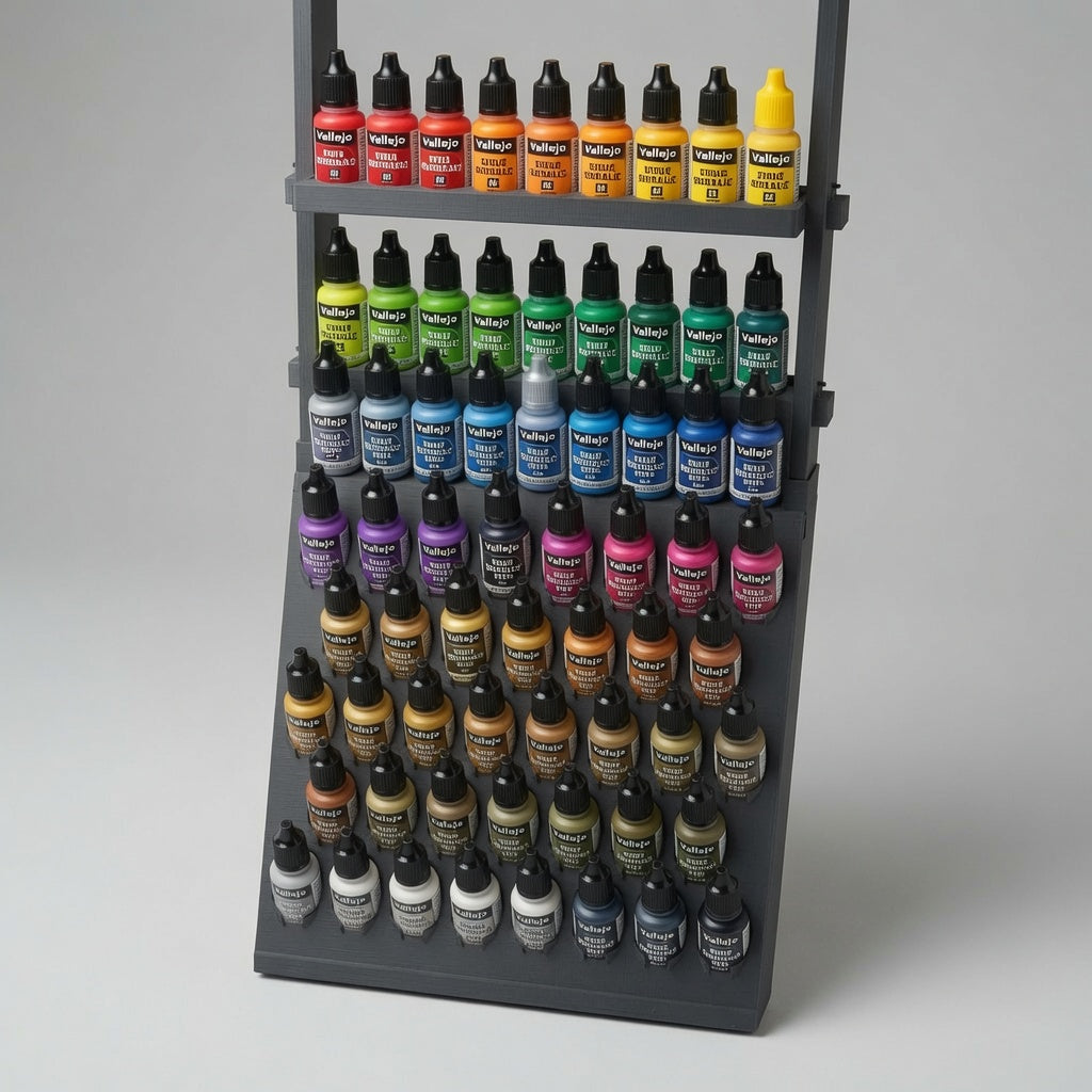 Paint rack 38 with riser gallery fully loaded with rainbow-ordered Vallejo paints — 76 bottle combo