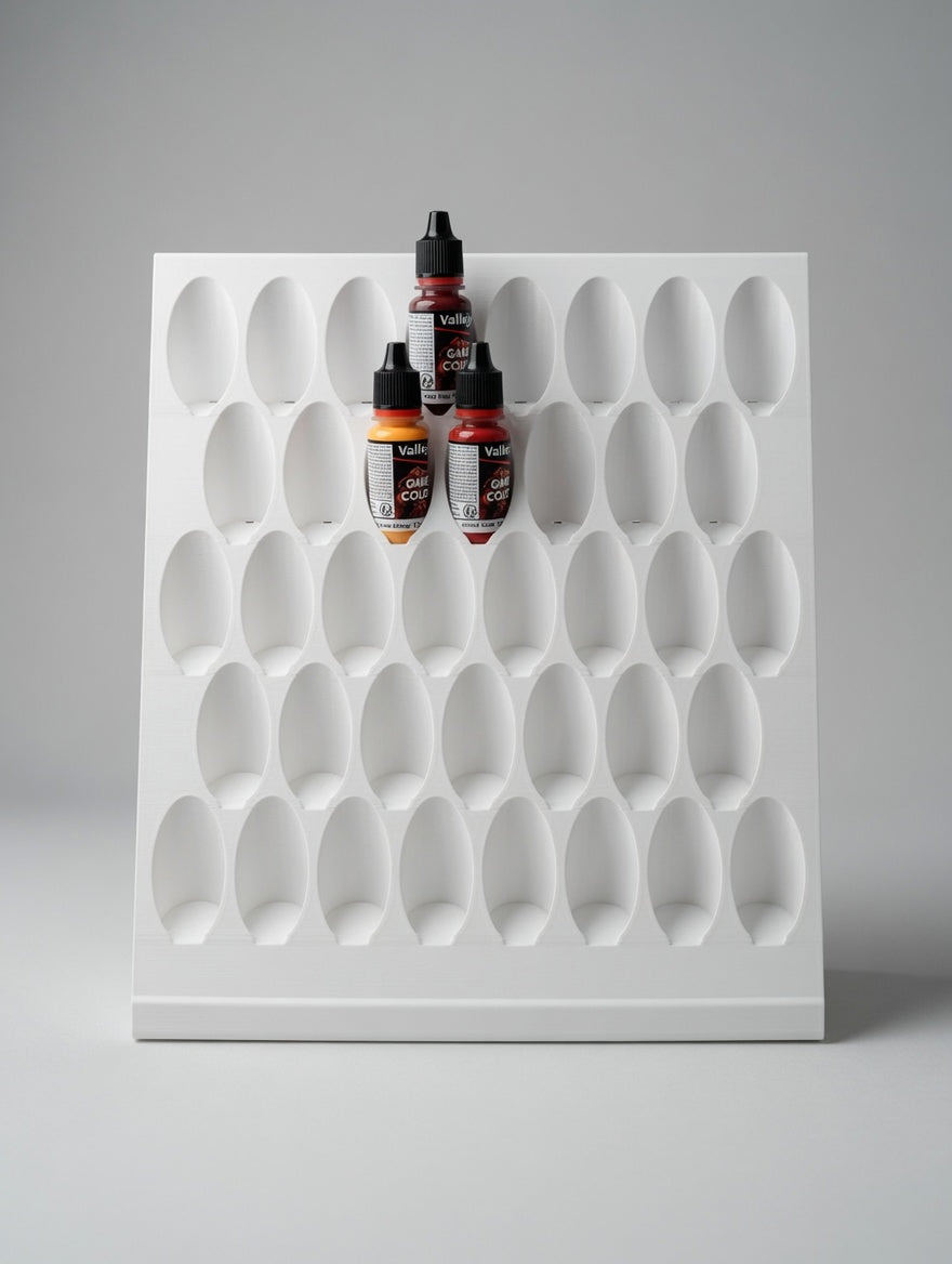 Wall paint rack 38 front angle with paint bottles