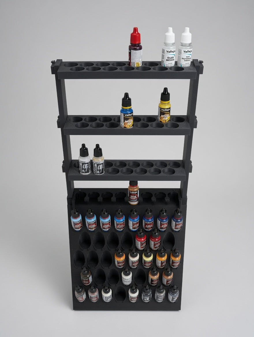 Paint rack 38 with riser gallery, partially loaded with Vallejo paints — 76 bottle combo in charcoal