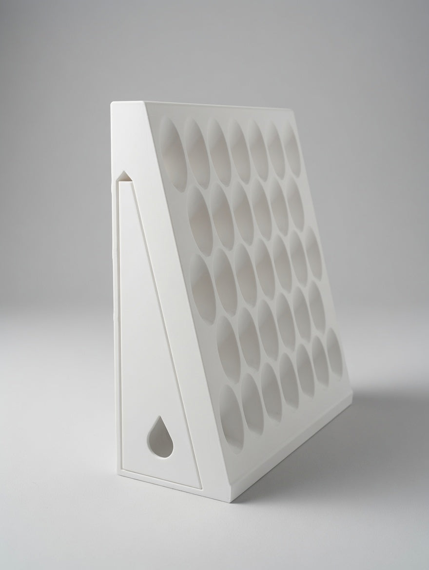 Side view of wall rack with wedge drawer inserted, teardrop pull